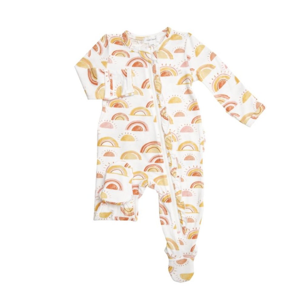 EUC Angel Dear Yellow & Orange Rainbow Print Ruffle Detail 2-Way Zipper Footie
